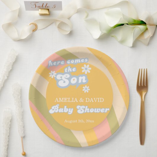 ラジエートパステルレトロ来ここザソンベビーシュウェ ペーパープレート (ウェディング)