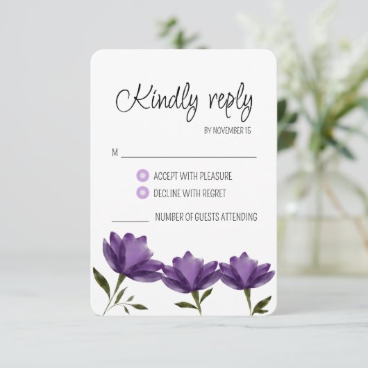 ラスシンプルトエレガントク水カラー紫RSVP 出欠カード (スタンド正面)