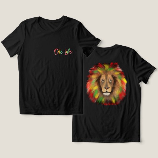 ラスタライオンの頭部 赤 緑 黄 ジャマイカ ワンラブ トライブレンドTシャツ (デザイン正面&裏面)