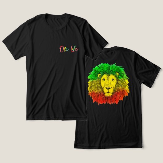ラスタライオンの頭部 赤 緑 黄 ジャマイカ ワンラブ トライブレンドＴシャツ (デザイン正面&裏面)