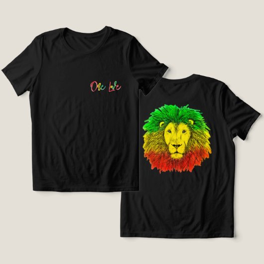 ラスタライオンの頭部 赤 緑 黄 ジャマイカ ワンラブ トライブレンドTシャツ (デザイン正面&裏面)