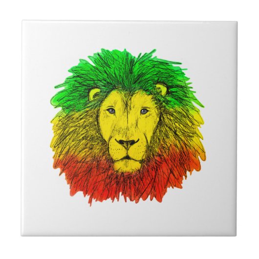 ラスタライオンの頭部 赤 黄 緑のドローイング ジャマイカ タイル (正面)