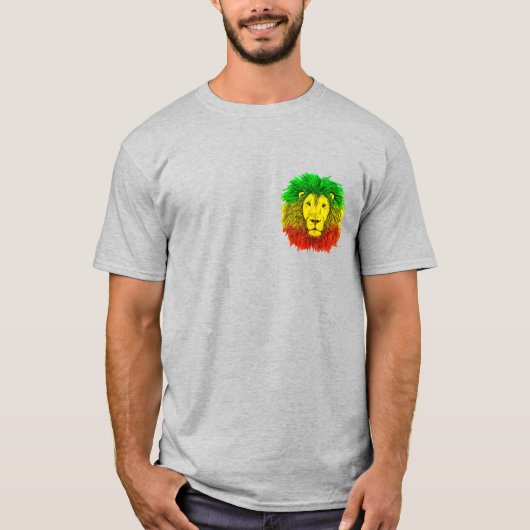 ラスタライオンの頭部 赤 黄 緑のドローイング ジャマイカ Tシャツ (正面)