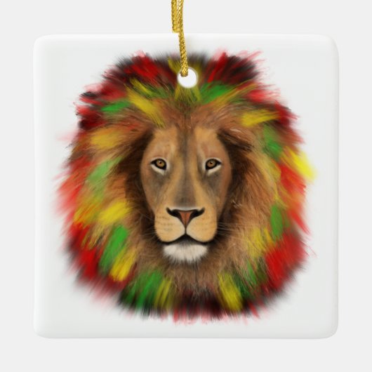 ラスタ獅子頭レッド黄緑スケッチジャマイカ セラミックオーナメント (正面)