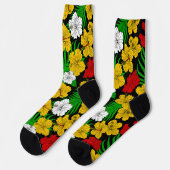 ラスタ色の熱帯ハイビスカスの花パターン（の模様が）ある ソックス (左)