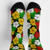 ラスタ色の熱帯ハイビスカスの花パターン（の模様が）ある ソックス (上部)