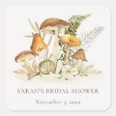 ラスティオレンジのキノコとシダの葉のブライダルシャワー スクエアシール (正面)