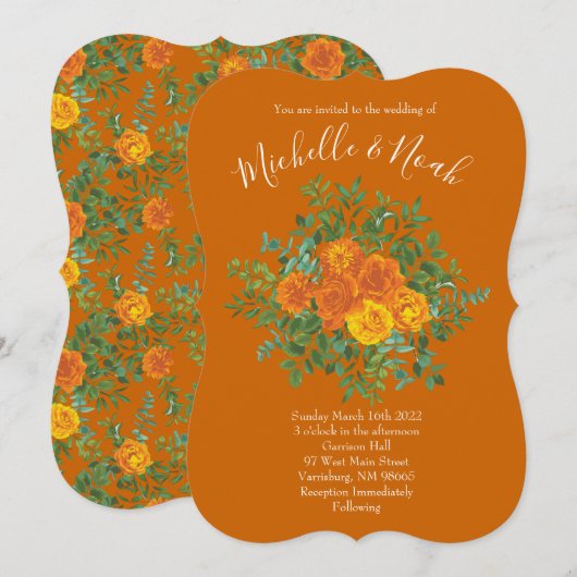 ラスティオレンジ ウェディング ヴィンテージ フラワーズ 招待状 (正面/裏面)