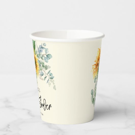 ラスティックなひまわりとユーカリのグリーンがプリントされたウェディングシャワーの紙コップ 紙コップ (左)