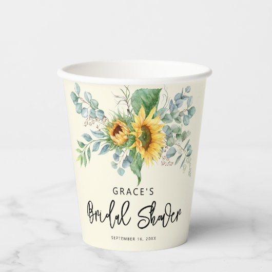 ラスティックなひまわりとユーカリのグリーンがプリントされたウェディングシャワーの紙コップ 紙コップ (正面)