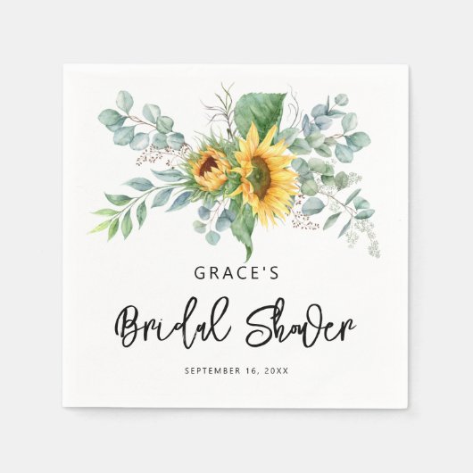 ラスティックなひまわりとユーカリのグリーンがプリントされたウェディングシャワーの紙ナプキン スタンダードカクテルナプキン (正面)