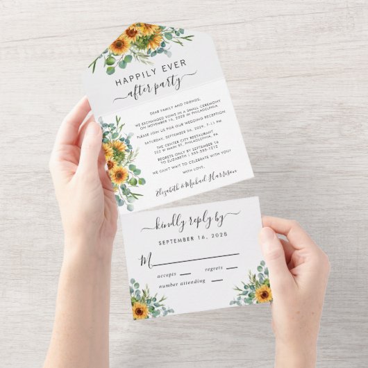ラスティックなひまわりとユーカリの結婚披露宴 オールインワン招待状 (貼ってはがせる)