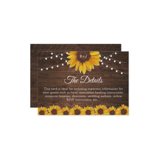 ラスティックなひまわりストリングライトの結婚式の詳細 エンクロージャーカード (正面/裏面インサイチュ)
