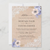 ラスティックなジュートレースの紫の花のイスラム式結婚式 招待状 (正面)