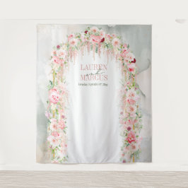 ラスティックなセージグリーンとピンクの花のアーチ タペストリー