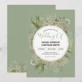 ラスティックなセージグリーンの偽の押し花のウェディング 招待状 (正面/裏面)