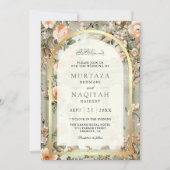 ラスティックなセージグリーンの桃の花をフィーチャーしたムスリムのウェディング 招待状 (正面)