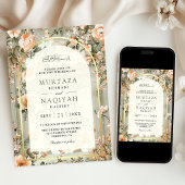 ラスティックなセージグリーンの桃の花をフィーチャーしたムスリムのウェディング 招待状