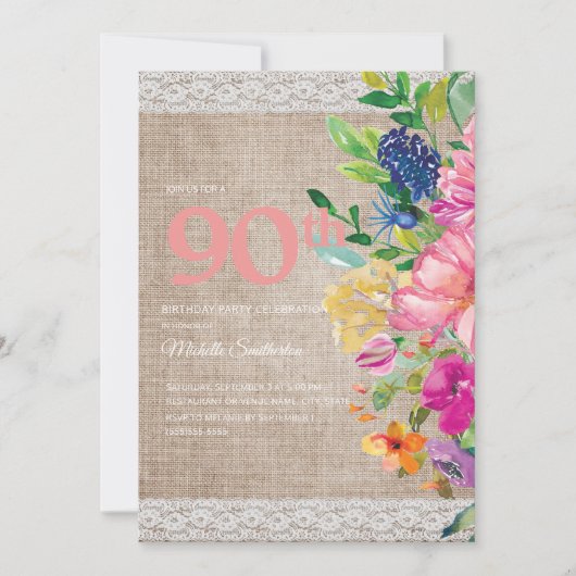 ラスティックなバラ＋麻＋レース＋ピンク＋ブルーの花の90歳の誕生日 招待状 (正面)