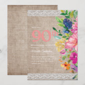 ラスティックなバラ＋麻＋レース＋ピンク＋ブルーの花の90歳の誕生日 招待状 (正面/裏面)