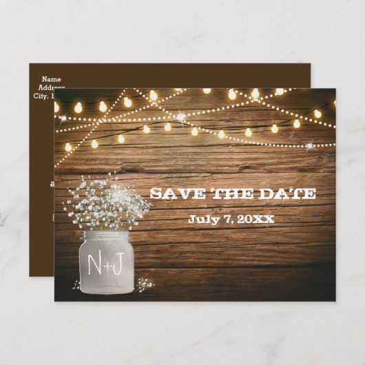 ラスティックなメイソンジャーとライトのベイビーズブレスフラワーリング 案内ポストカード (正面/裏面)