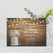 ラスティックなメイソンジャーとライトのベイビーズブレス フラワー 招待状 (スタンド正面)