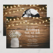 ラスティックなメイソンジャーとライトのベイビーズブレス フラワー 招待状 (正面/裏面)