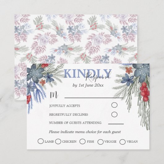 ラスティックな冬のグリーン ウォーターカラー結婚式の出欠確認 出欠カード (正面/裏面)