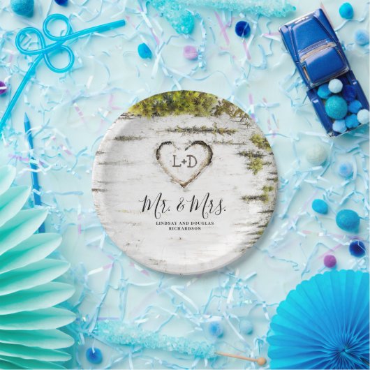 ラスティックな樺の木のハート秋の結婚式 ペーパープレート (パーティー)