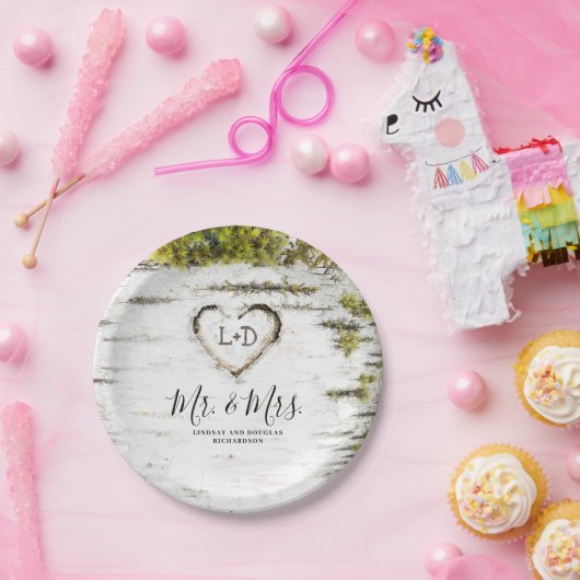 ラスティックな樺の木のハート秋の結婚式 ペーパープレート (パーティー)