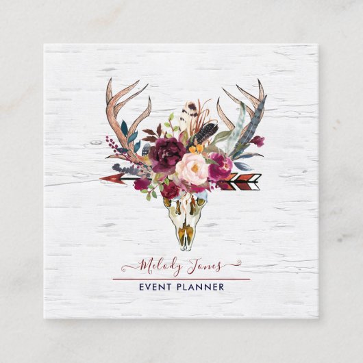 ラスティックな水彩画の花、ボヘミアンスタイルのドクロと矢印 スクエア名刺 (正面)