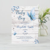 ラスティックな水彩画の青い蝶の花のベビーシャワー 招待状 (スタンド正面)