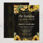 ラスティックな秋のひまわり ウッドライト 21歳の誕生日 招待状 (正面/裏面)