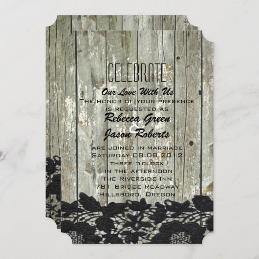 ラスティックな納屋の木と黒のレースのモダンカントリーウェディング 招待状 (正面/裏面)