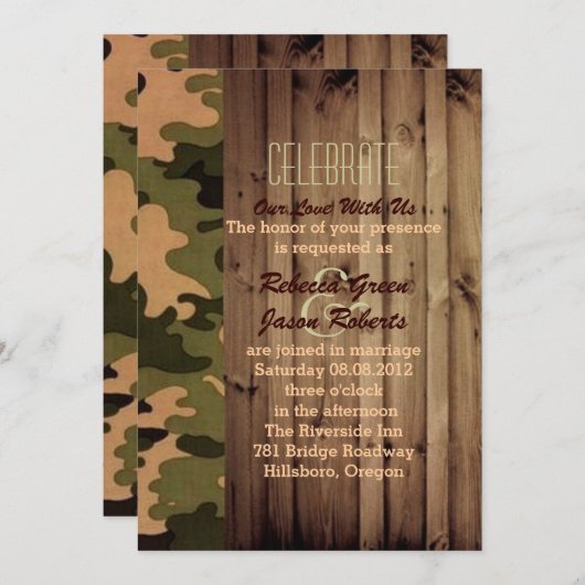 ラスティックな納屋の木材を使用したウエスタンカントリー カモフラージュ ウェディング 招待状 (正面/裏面)