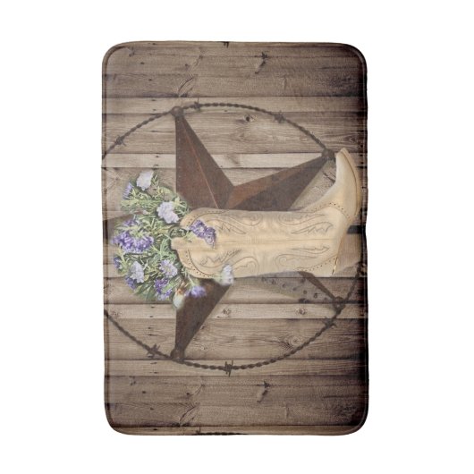 ラスティックな納屋の木材 ワイルドフラワー カウボーイ ウエスタン スター バスマット (正面縦)