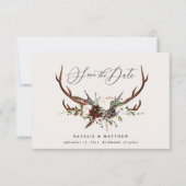 ラスティックな葉と花、鹿の角のスクリプトがおしゃれな結婚式 セーブザデート (正面)