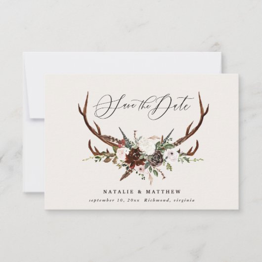 ラスティックな葉と花、鹿の角のスクリプトがおしゃれな結婚式 セーブザデート (正面)