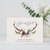 ラスティックな葉と花、鹿の角のスクリプトがおしゃれな結婚式 セーブザデート (スタンド正面)