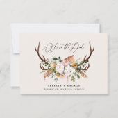 ラスティックな葉、 花と鹿の角のウェディング セーブザデート (正面)