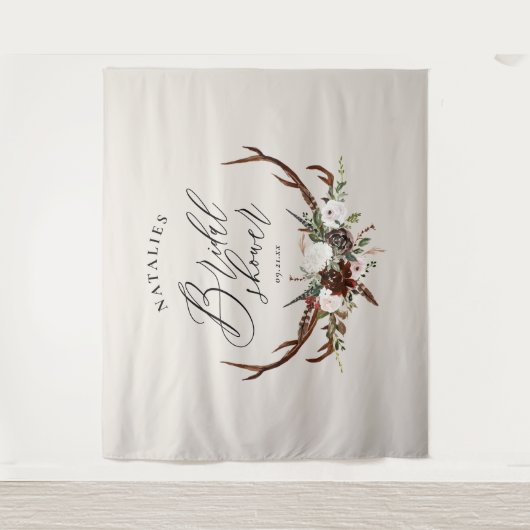 ラスティックな鹿の水彩花のブライダルシャワーバナー タペストリー (正面)