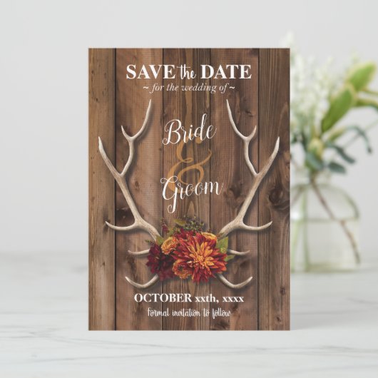 ラスティックな鹿の角がロマンチックなウェディングで記念日を保存しよう。 招待状 (スタンド正面)