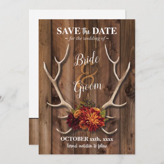 ラスティックな鹿の角がロマンチックなウェディングで記念日を保存しよう。 招待状 (正面/裏面)