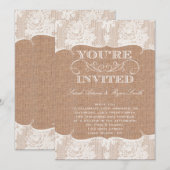ラスティックな麻のプリントとレースの結婚式招待状 招待状 (正面/裏面)