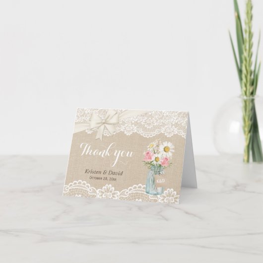 ラスティックな麻のレースの花模様のメイソンジャー お礼 サンキューカード (正面)