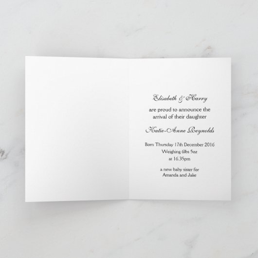 ラスティックな麻の実用瓶の新生児女の子の発表 案内状 (内部)