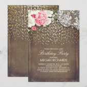 ラスティックな麻の花レースゴールドの誕生日パーティー 招待状 (正面/裏面)