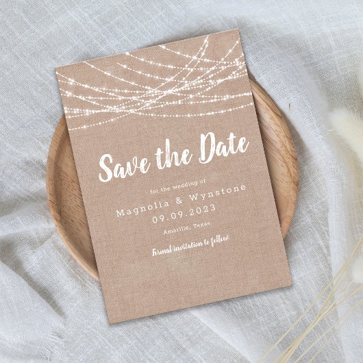 ラスティックな麻ひもとストリングライトの結婚式 Save the Date セーブザデート