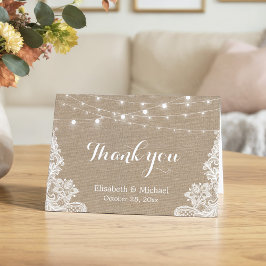 ラスティックな麻ひもとレースのウェディングサンクスカード サンキューカード