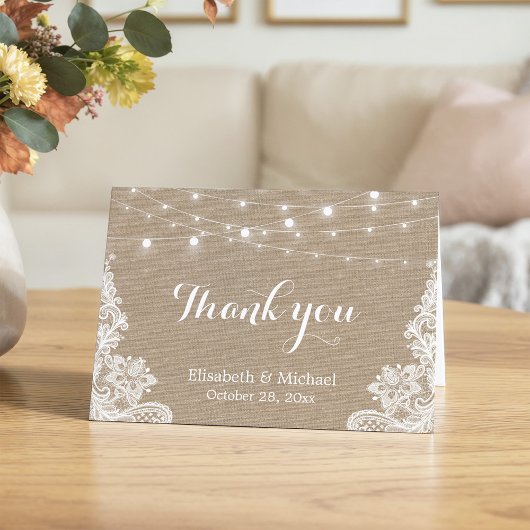 ラスティックな麻ひもとレースのウェディングサンクスカード サンキューカード